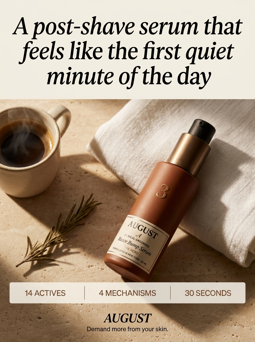 A post-shave serum that feels like the first quiet minute of the day — AUGUST Razor Bump Serum.