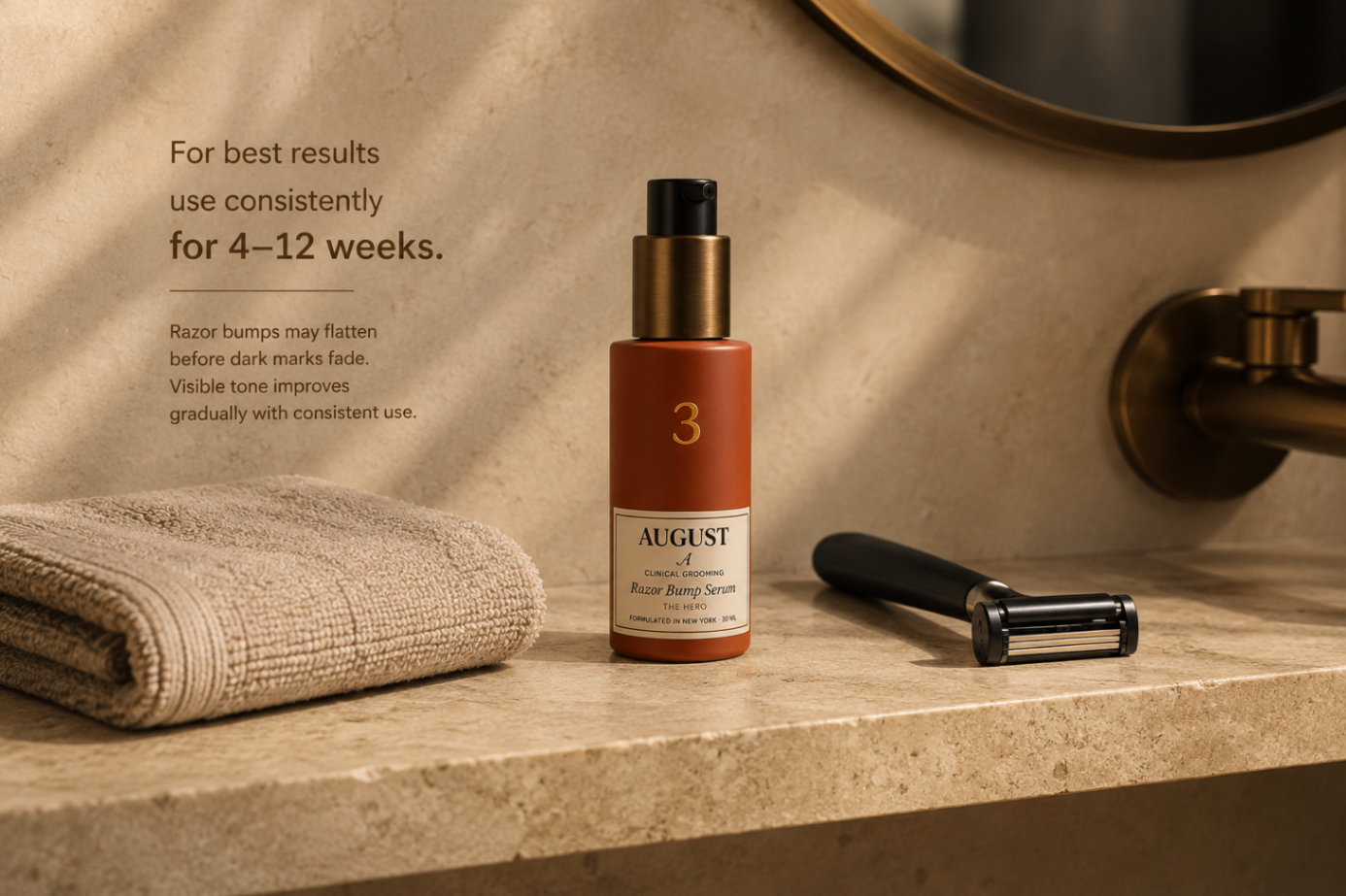AUGUST Razor Bump Serum bottle on a limestone bathroom counter beside a towel and razor.