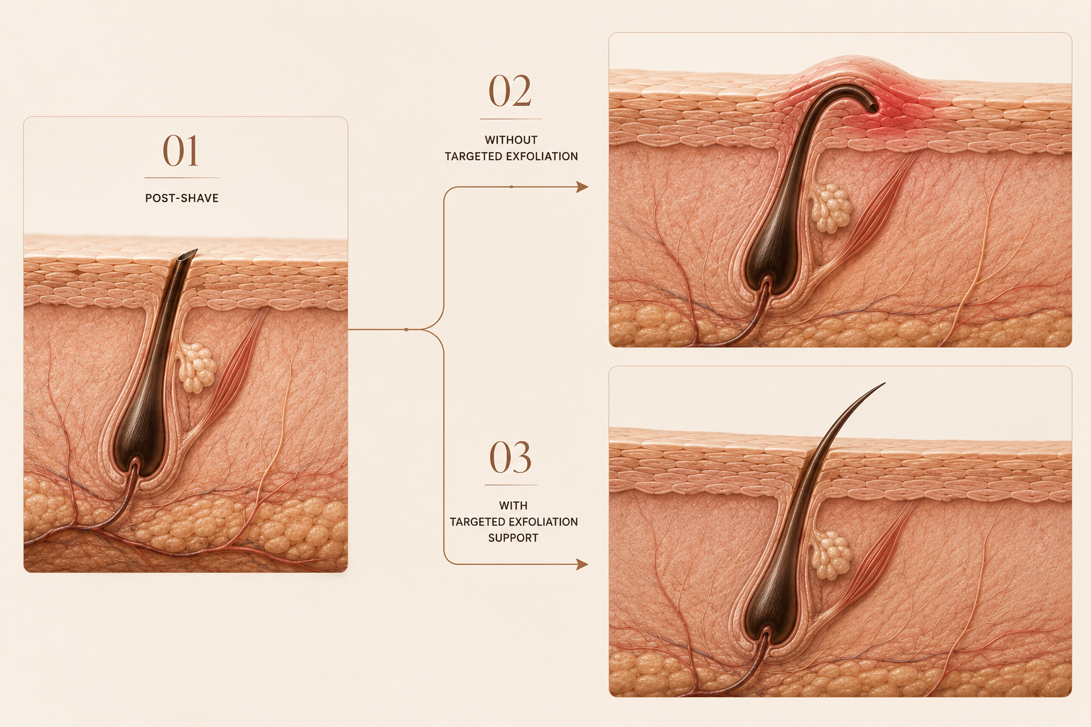 Three-panel skin cross-section illustration numbered 01, 02 and 03 showing a freshly shaved follicle, a curved hair re-entering the skin causing a raised bump, and a clear hair exit after targeted exfoliation.
