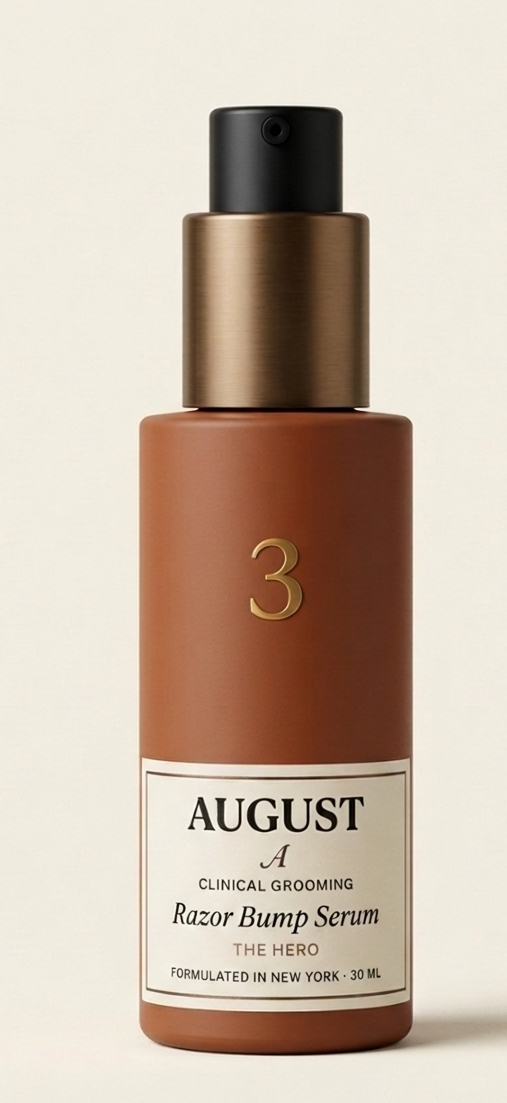 AUGUST Razor Bump Serum bottle cropped close on an ivory background.
