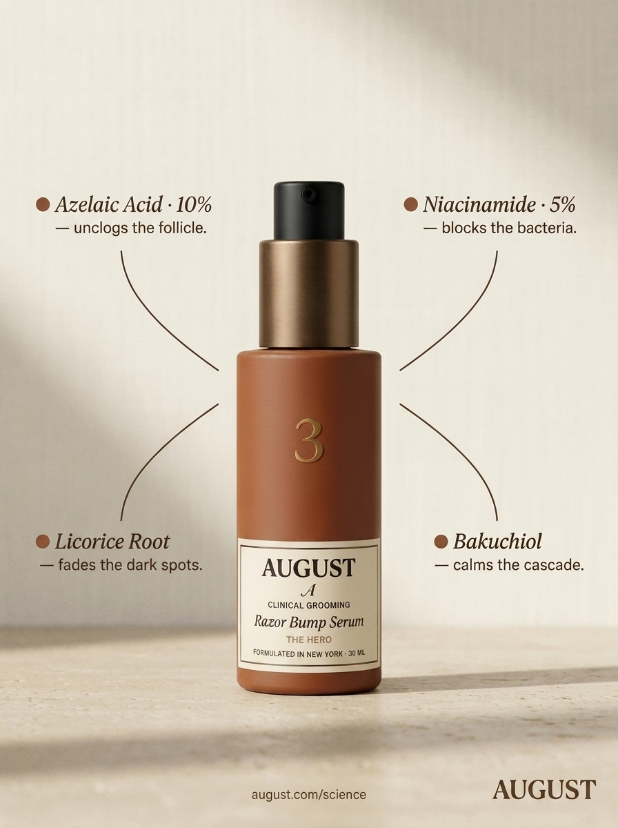 AUGUST Razor Bump Serum with four active-ingredient callouts: Azelaic Acid 10%, Niacinamide 5%, Licorice Root, Bakuchiol.