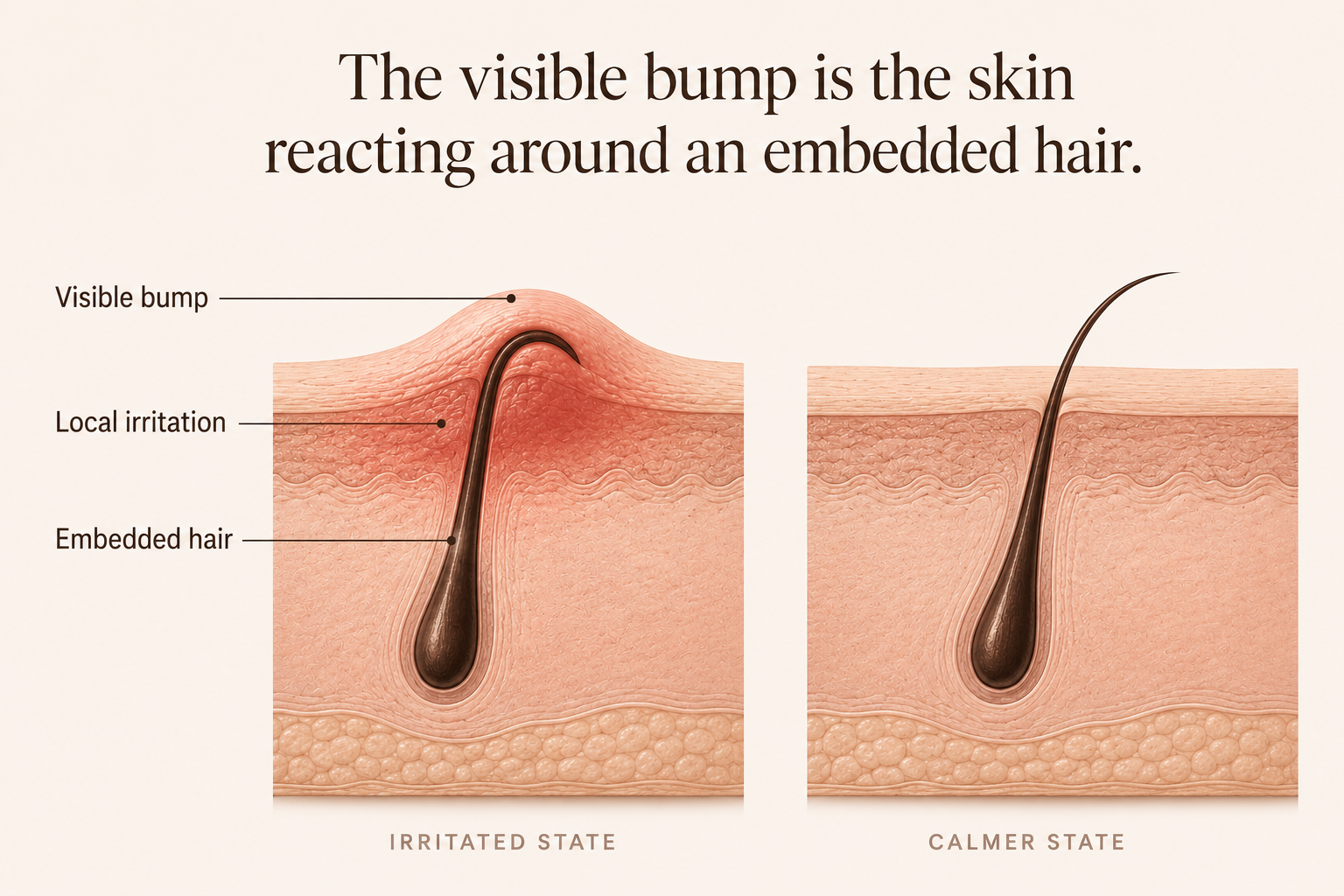 Skin cross-section showing a curved embedded hair producing localized irritation and a visible raised bump.