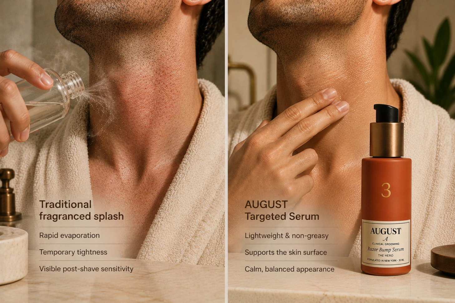 Split-screen comparison between a rapidly evaporating traditional post-shave splash and a lightweight AUGUST leave-on serum.