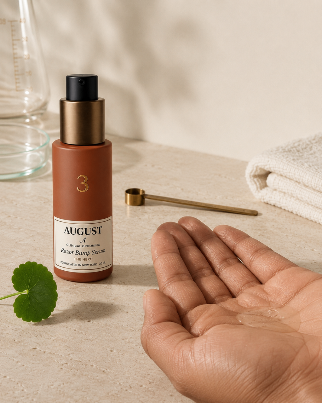 AUGUST Razor Bump Serum bottle on stone with a hand receiving a drop of the lightweight, non-greasy serum.
