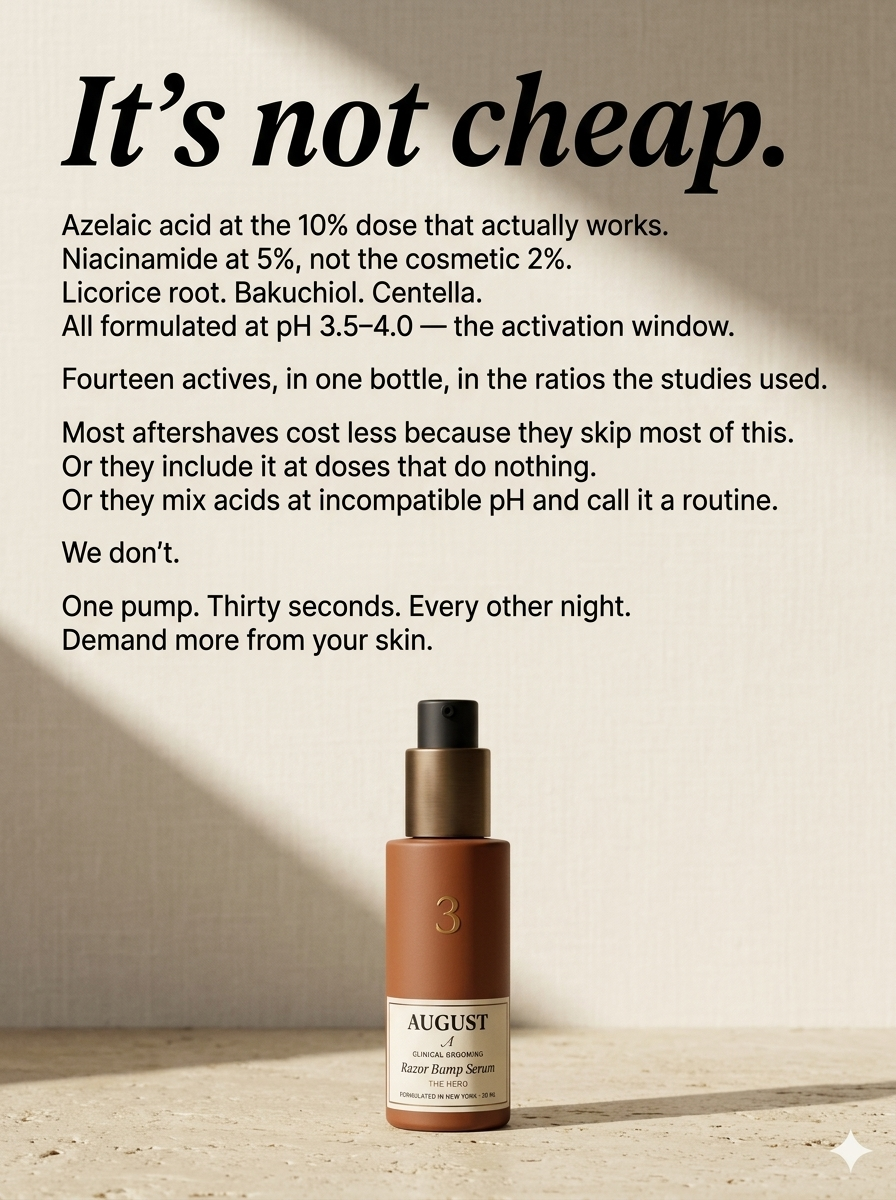 It's not cheap — editorial poster explaining the AUGUST formula.