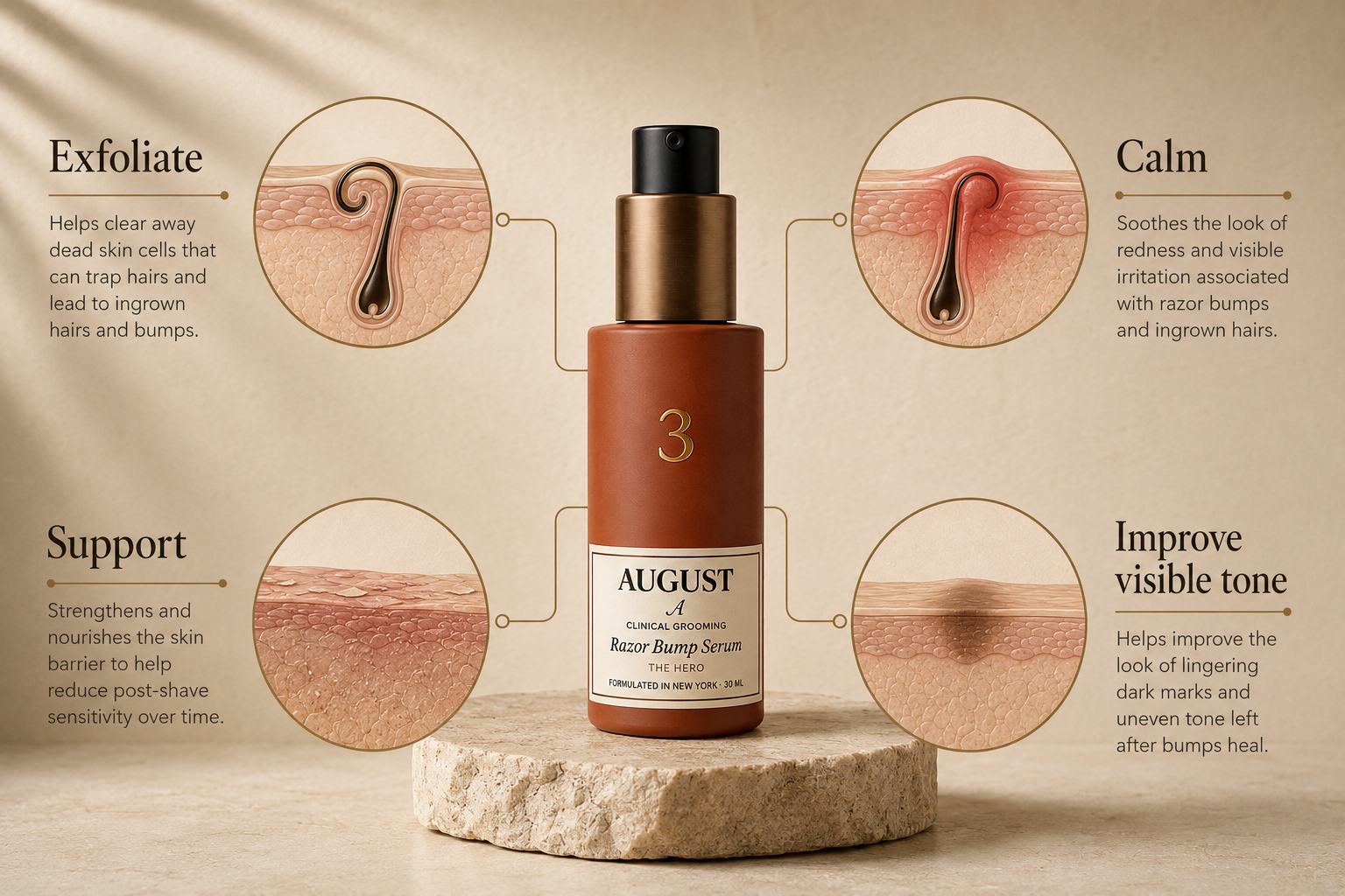 AUGUST Razor Bump Serum with four callouts illustrating exfoliation, inflammation, barrier support and post-bump tone.